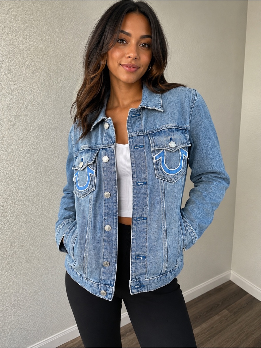 True Religion Light Blue Denim Jacket with Signature Stitching and logo